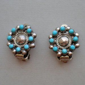 Native American Zuni GDM Sterling Silver Turquoise Petit Point Flower Earrings